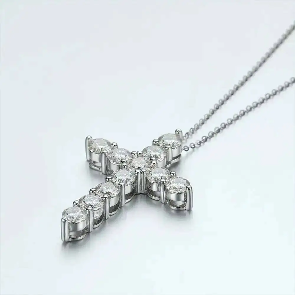 Colgante de cruz de moissanita completo, cadena Original de plata Sterg chapada en oro blanco, collar fino para joyería de mujer