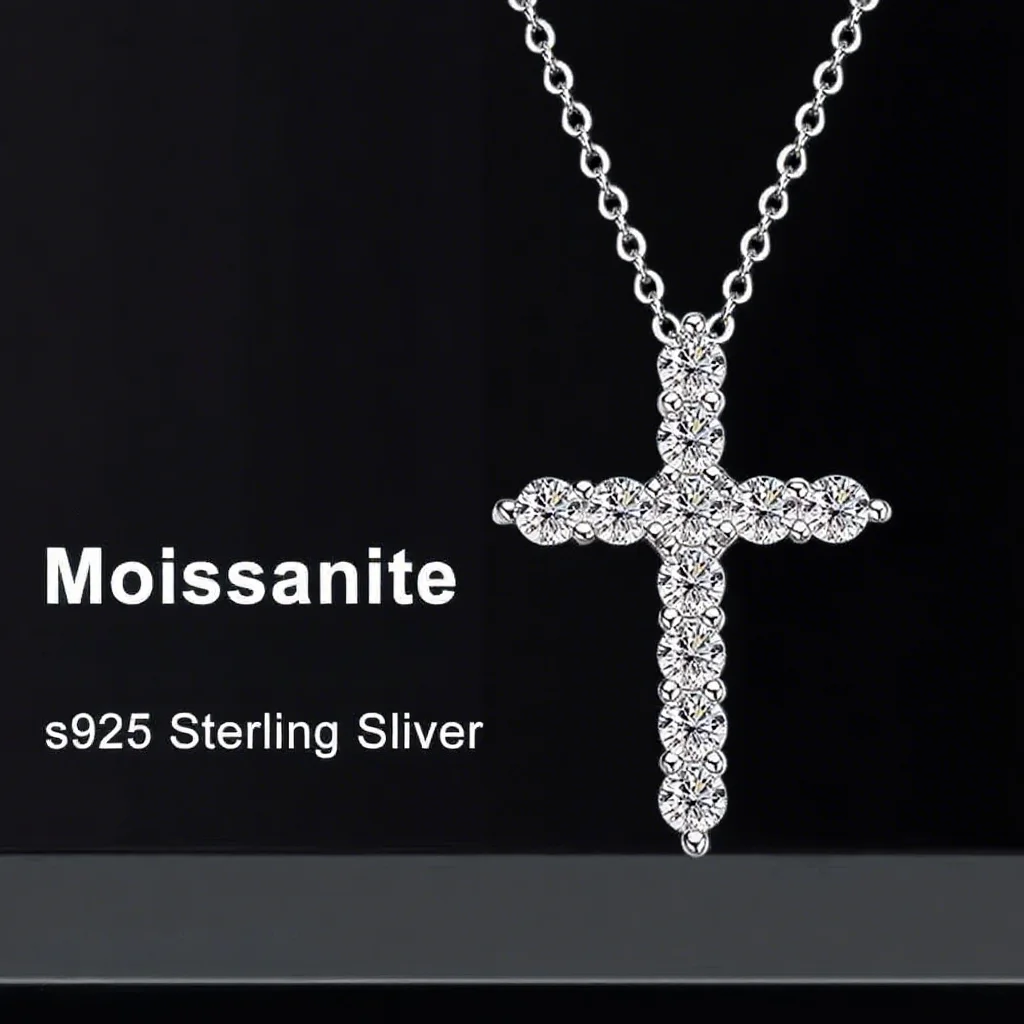 Colgante de cruz de moissanita completo, cadena Original de plata Sterg chapada en oro blanco, collar fino para joyería de mujer