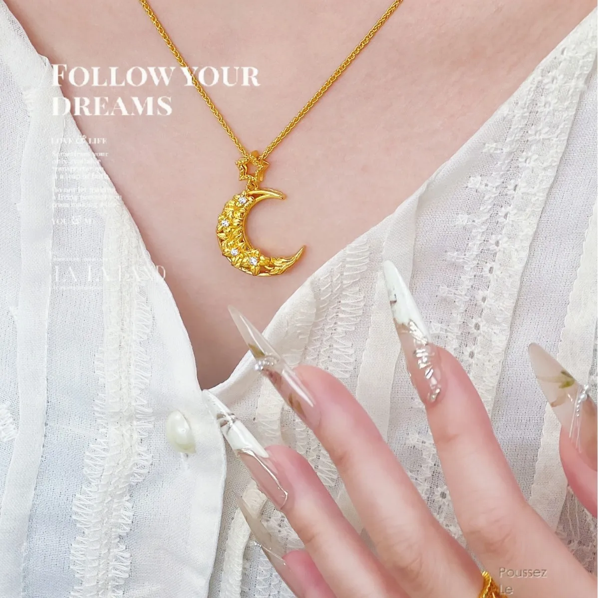 Collar de lujo para mujer con colgante de estrella, luna y flor de diamantes en oro puro 24K 9999, cadena para clavícula.