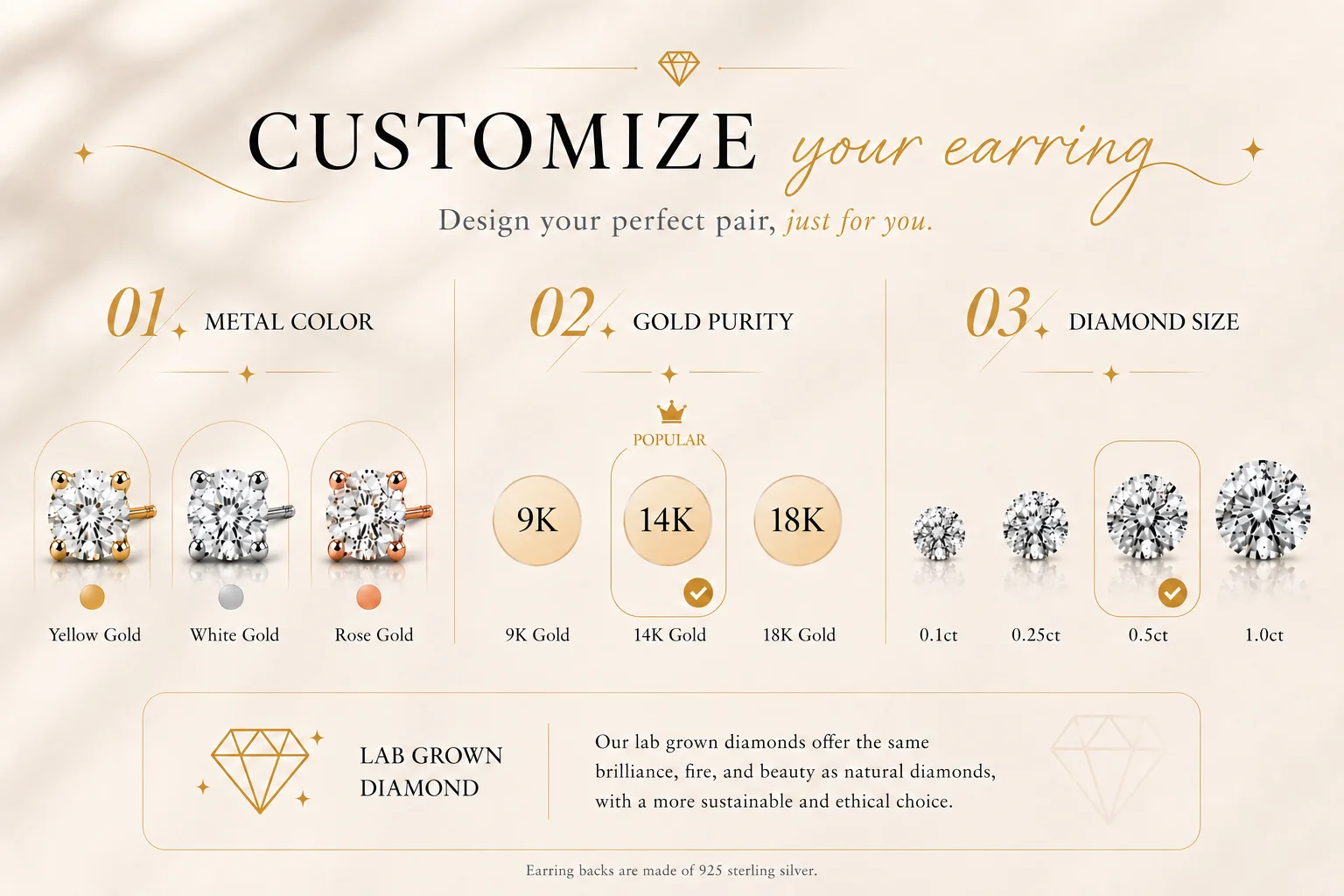 Pendientes de Diamantes Cultivados en Laboratorio Personalizados, Oro de 9K y 14K, 0.1ct a 1ct, Claridad VS, Color D, Joyería Fina para Mujer, Aniversario, Compromiso