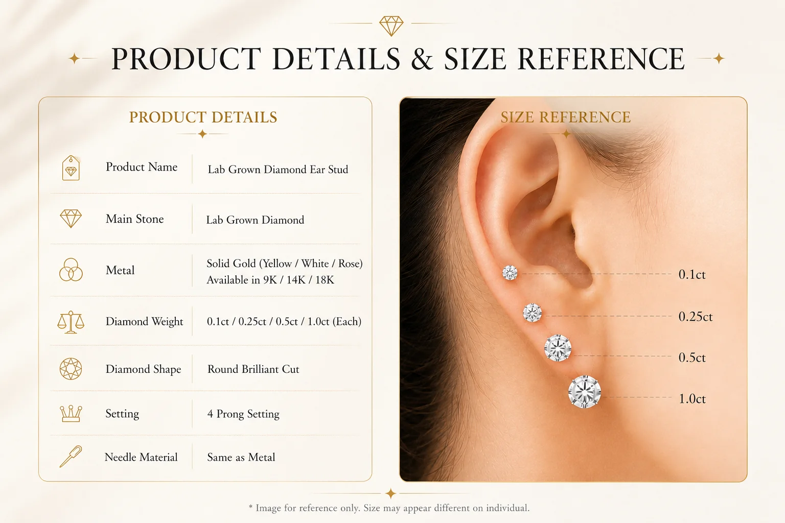 Pendientes de Diamantes Cultivados en Laboratorio Personalizados, Oro de 9K y 14K, 0.1ct a 1ct, Claridad VS, Color D, Joyería Fina para Mujer, Aniversario, Compromiso