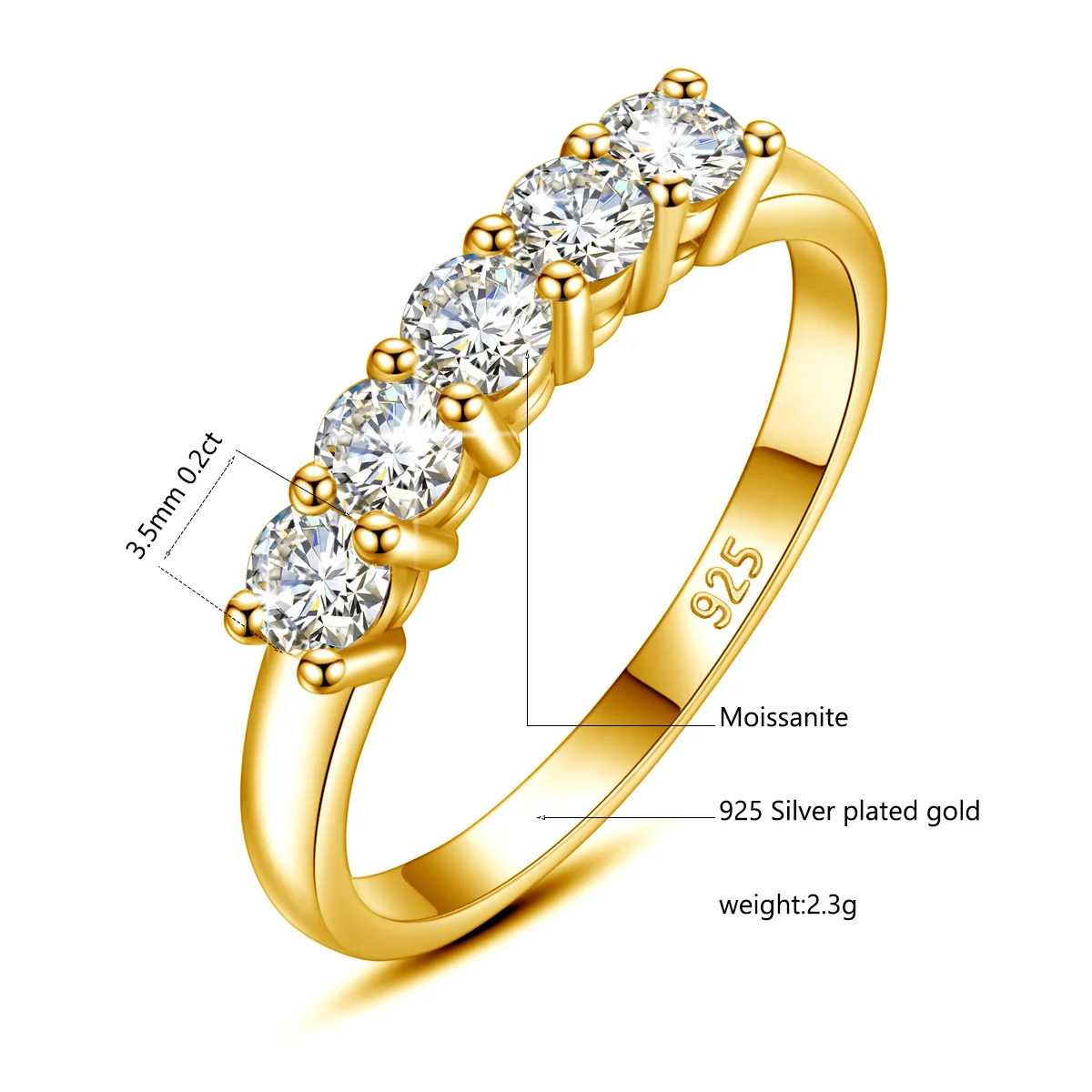 Anillo de diamante moissanita con piedras de 5 uds para mujer, plata 925 100% chapada en oro rosa, joyería fina con regalos de compromiso certificados