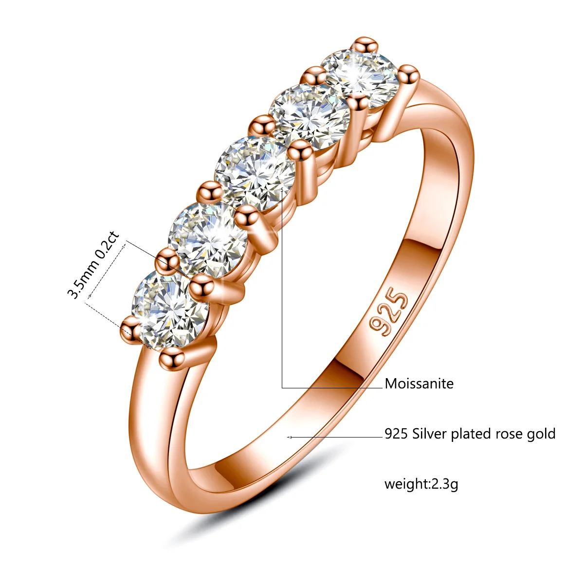 Anillo de diamante moissanita con piedras de 5 uds para mujer, plata 925 100% chapada en oro rosa, joyería fina con regalos de compromiso certificados