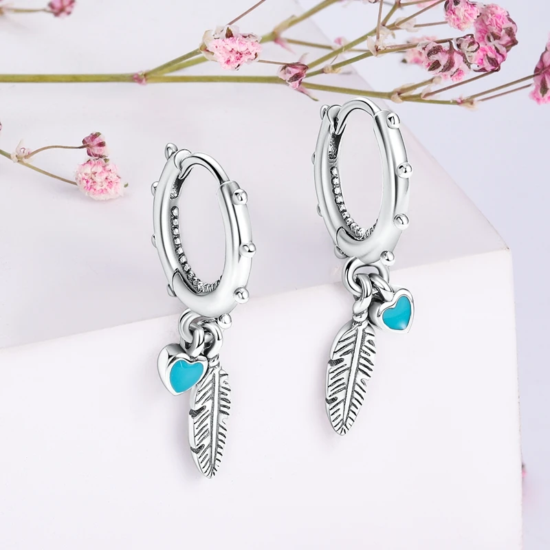 Pendientes de Plata de Ley 925 con Diseño de Pluma del Amor, Compatibles con Charms Originales, para Mujeres y Niñas, Joyería Fina, Regalos Pendientes de Plata de Ley 925 con Diseño de Pluma del Amor, Compatibles con Charms Originales, para Mujeres y Niñas, Joyería Fina, Regalos