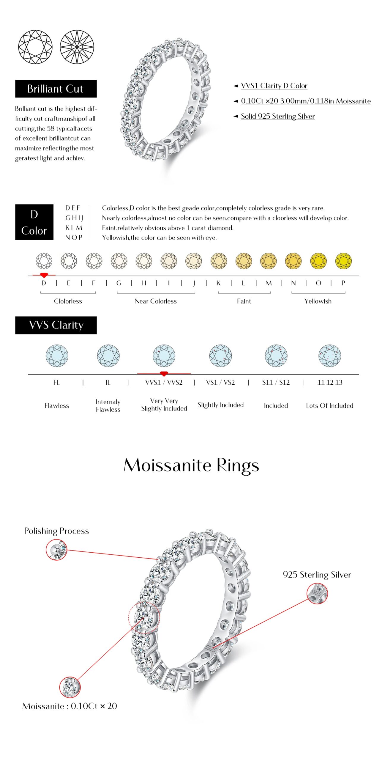 Anillos MODIAN deslumbrantes de Color D de moissanita para eternidad, anillo de moda apilable de lujo de Plata de Ley 925 para mujer, joyería fina