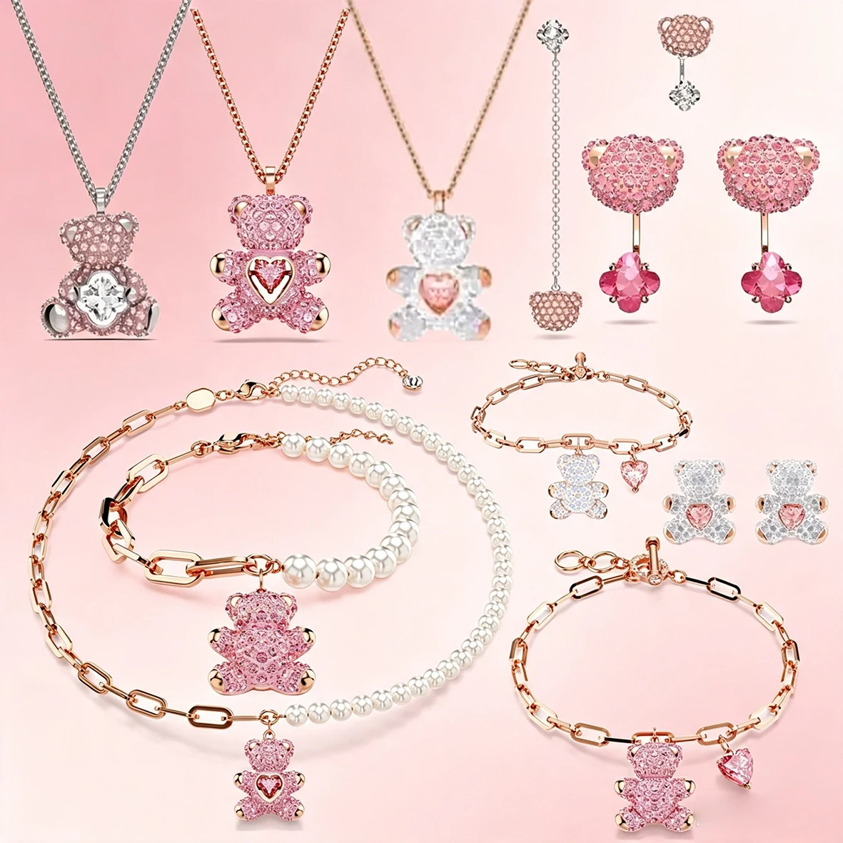 Accesorios de Oso Abrazador con Circonita Cúbica Brillante, Encantadora Colección de Joyería Delicada con Oso de Corazón y Cadena de Perlas para Citas Diarias Accesorios de Oso Abrazador con Circonita Cúbica Brillante, Encantadora Colección de Joyería Delicada con Oso de Corazón y Cadena de Perlas para Citas Diarias
