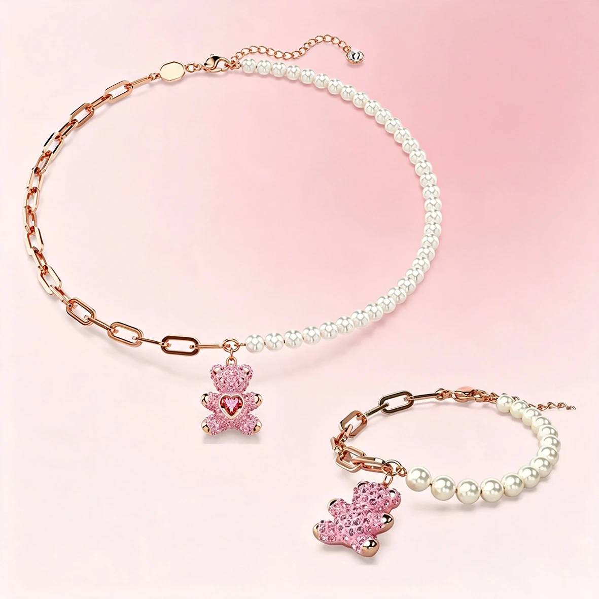 Accesorios de Oso Abrazador con Circonita Cúbica Brillante, Encantadora Colección de Joyería Delicada con Oso de Corazón y Cadena de Perlas para Citas Diarias Accesorios de Oso Abrazador con Circonita Cúbica Brillante, Encantadora Colección de Joyería Delicada con Oso de Corazón y Cadena de Perlas para Citas Diarias