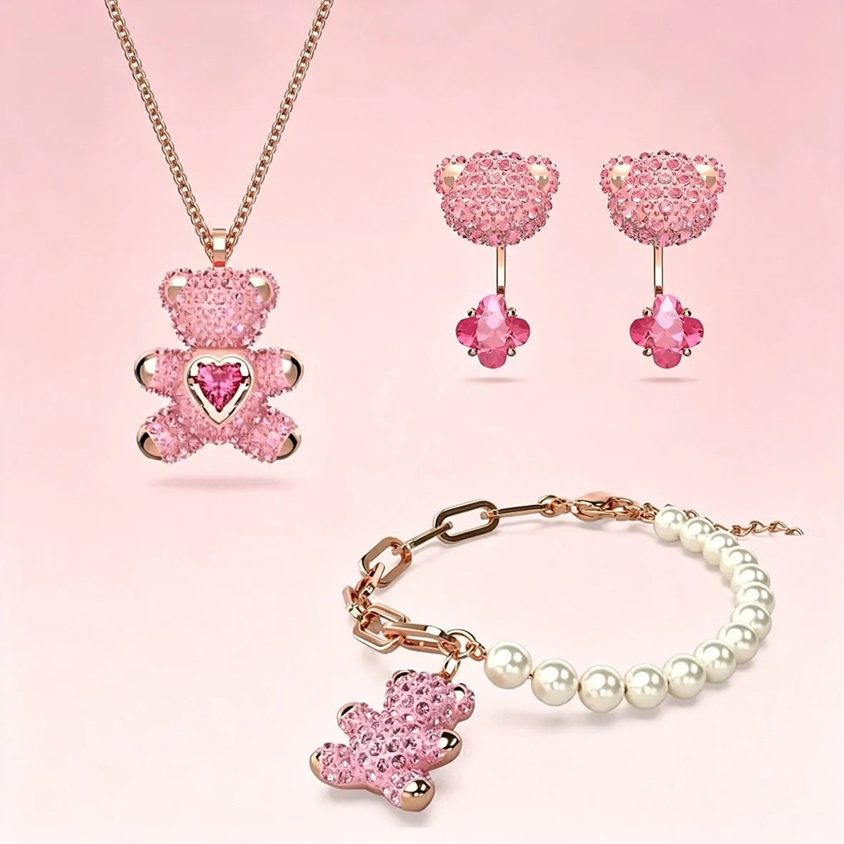 Accesorios de Oso Abrazador con Circonita Cúbica Brillante, Encantadora Colección de Joyería Delicada con Oso de Corazón y Cadena de Perlas para Citas Diarias Accesorios de Oso Abrazador con Circonita Cúbica Brillante, Encantadora Colección de Joyería Delicada con Oso de Corazón y Cadena de Perlas para Citas Diarias