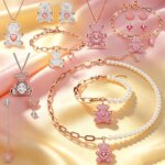 Accesorios de Oso Abrazador con Circonita Cúbica Brillante, Encantadora Colección de Joyería Delicada con Oso de Corazón y Cadena de Perlas para Citas Diarias