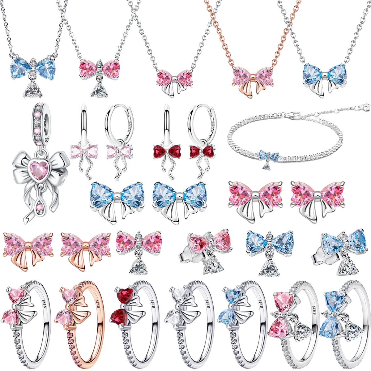 Oferta Especial: Juego de Joyería Original de Plata de Ley 925 con Lazo Colorido, Aretes, Anillos, Collares y Pulseras, Regalos de Joyería para Mujer