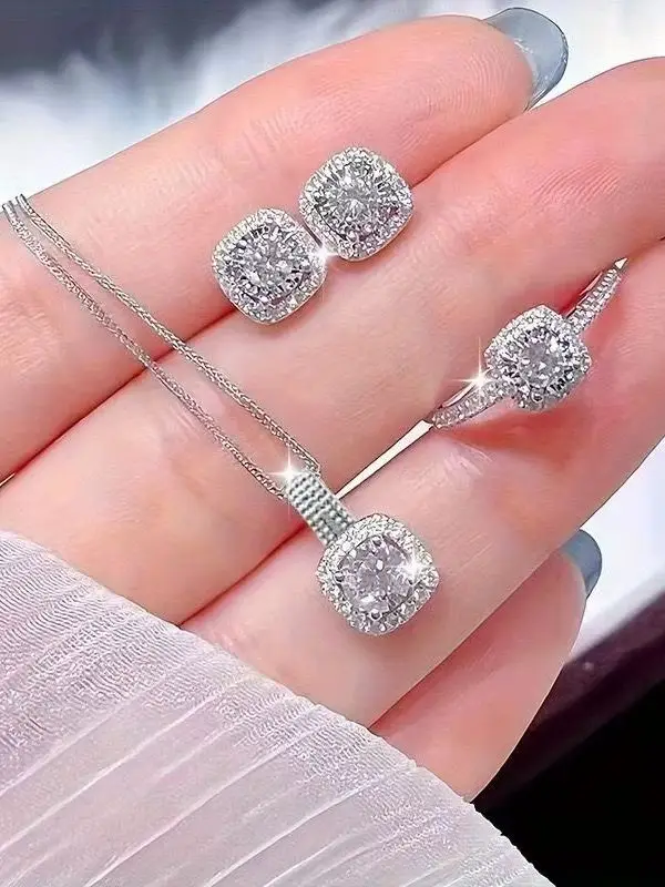 Conjunto de joyería de circonita cuadrada para mujer, sin níquel, 3 piezas, 2026, nuevo collar elegante para clavícula, colgante, pendientes y anillo, brillante, para uso diario, fiestas y regalos.