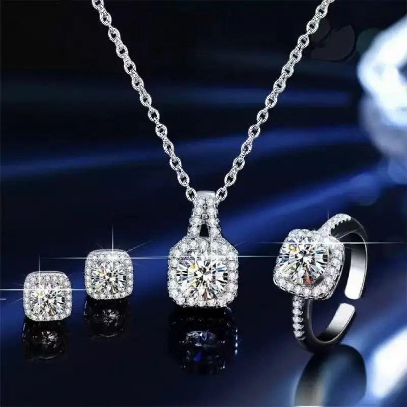 Conjunto de joyería de circonita cuadrada para mujer, sin níquel, 3 piezas, 2026, nuevo collar elegante para clavícula, colgante, pendientes y anillo, brillante, para uso diario, fiestas y regalos.