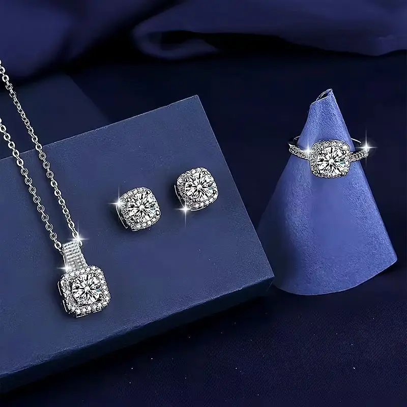 Conjunto de joyería de circonita cuadrada para mujer, sin níquel, 3 piezas, 2026, nuevo collar elegante para clavícula, colgante, pendientes y anillo, brillante, para uso diario, fiestas y regalos.