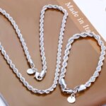 Alta calidad 925 Plata 4MM mujeres hombres cadena masculina cuerda trenzada collar pulseras moda conjunto de joyería de plata