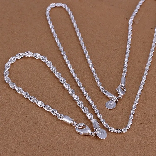 Alta calidad 925 Plata 4MM mujeres hombres cadena masculina cuerda trenzada collar pulseras moda conjunto de joyería de plata