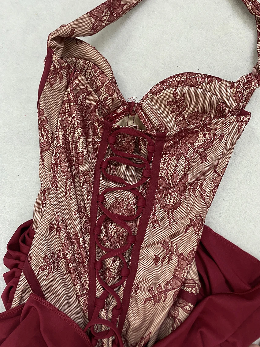 Vestido de Noche Largo de Lujo para Mujer con Corsé de Encaje Halter, Falda Drapeada, Abertura Lateral Alta y Espalda con Cordones, Ideal para Fiesta de Gala, Boda o Evento Formal