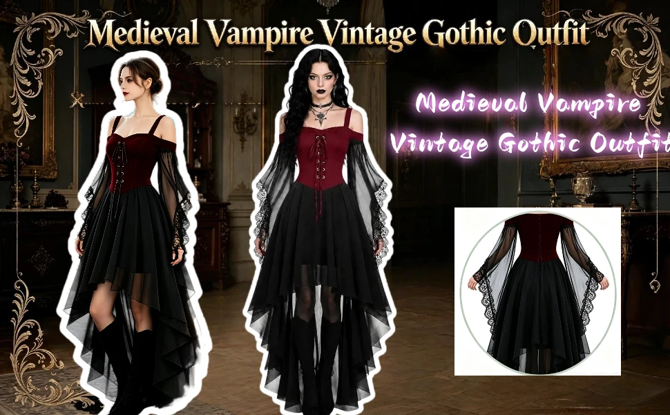 Vestido de Bruja para Mujer 2026, Disfraces de Halloween para Mujer Adulta, Traje Gótico Medieval de Vampiresa con Mangas de Mariposa y Malla