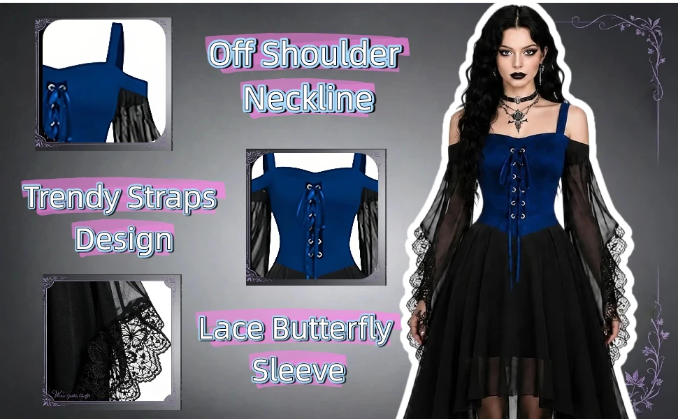 Vestido de Bruja para Mujer 2026, Disfraces de Halloween para Mujer Adulta, Traje Gótico Medieval de Vampiresa con Mangas de Mariposa y Malla