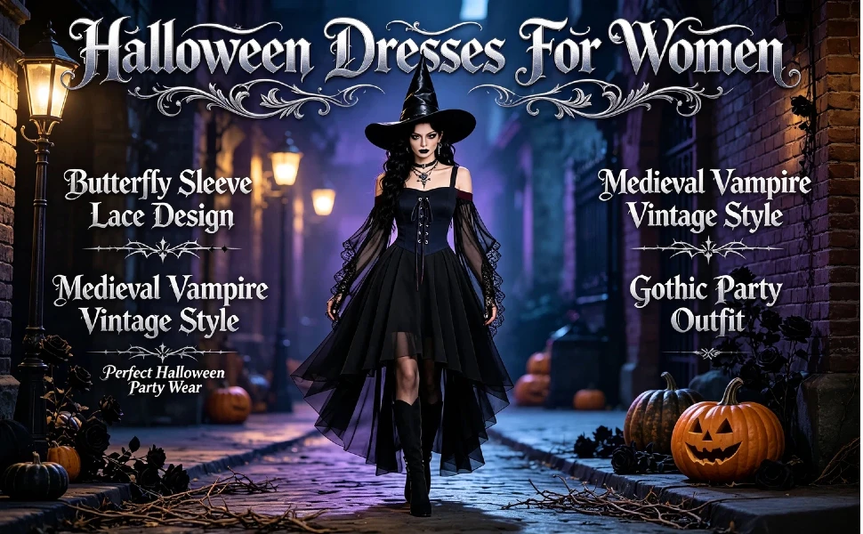 Vestido de Bruja para Mujer 2026, Disfraces de Halloween para Mujer Adulta, Traje Gótico Medieval de Vampiresa con Mangas de Mariposa y Malla