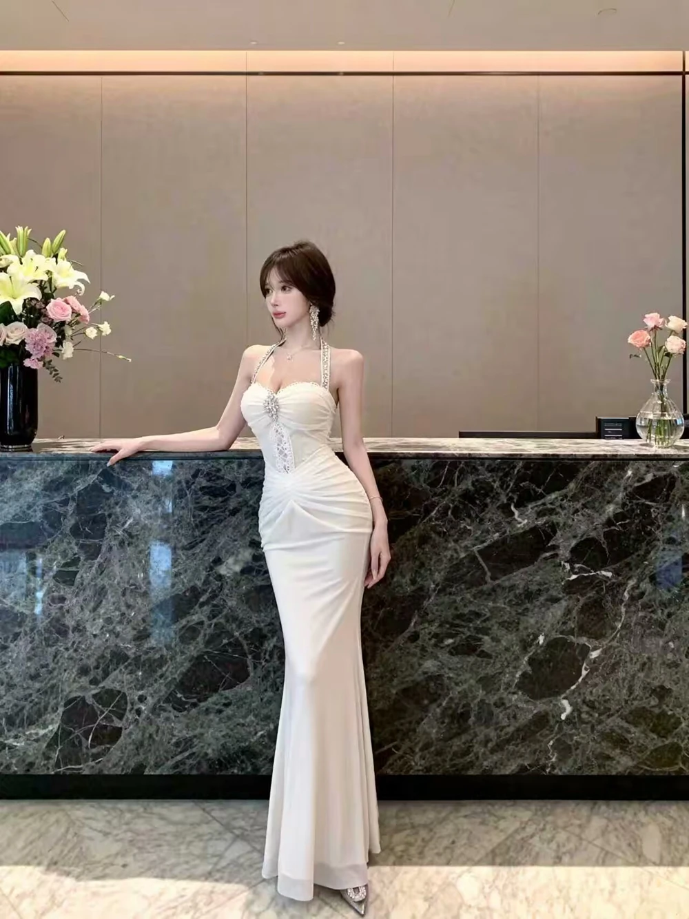 Vestido de Noche Sexy con Cuello Alto y Decoración de Diamantes, Ajustado, sin Espalda, sin Tirantes, para Mujer, Elegante Fa...