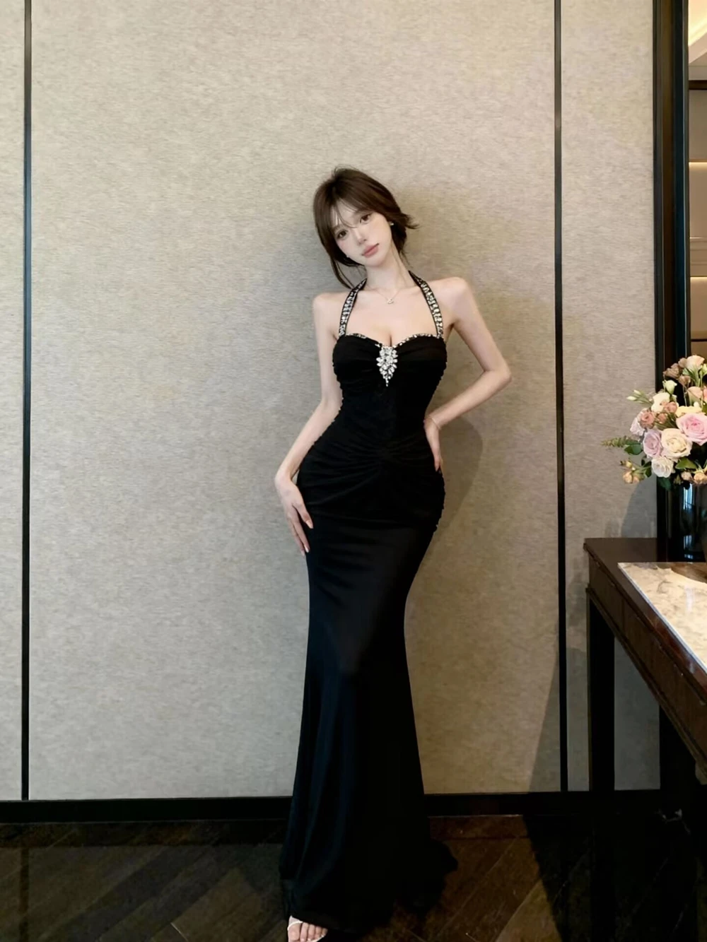 Vestido de Noche Sexy con Cuello Alto y Decoración de Diamantes, Ajustado, sin Espalda, sin Tirantes, para Mujer, Elegante Fa...
