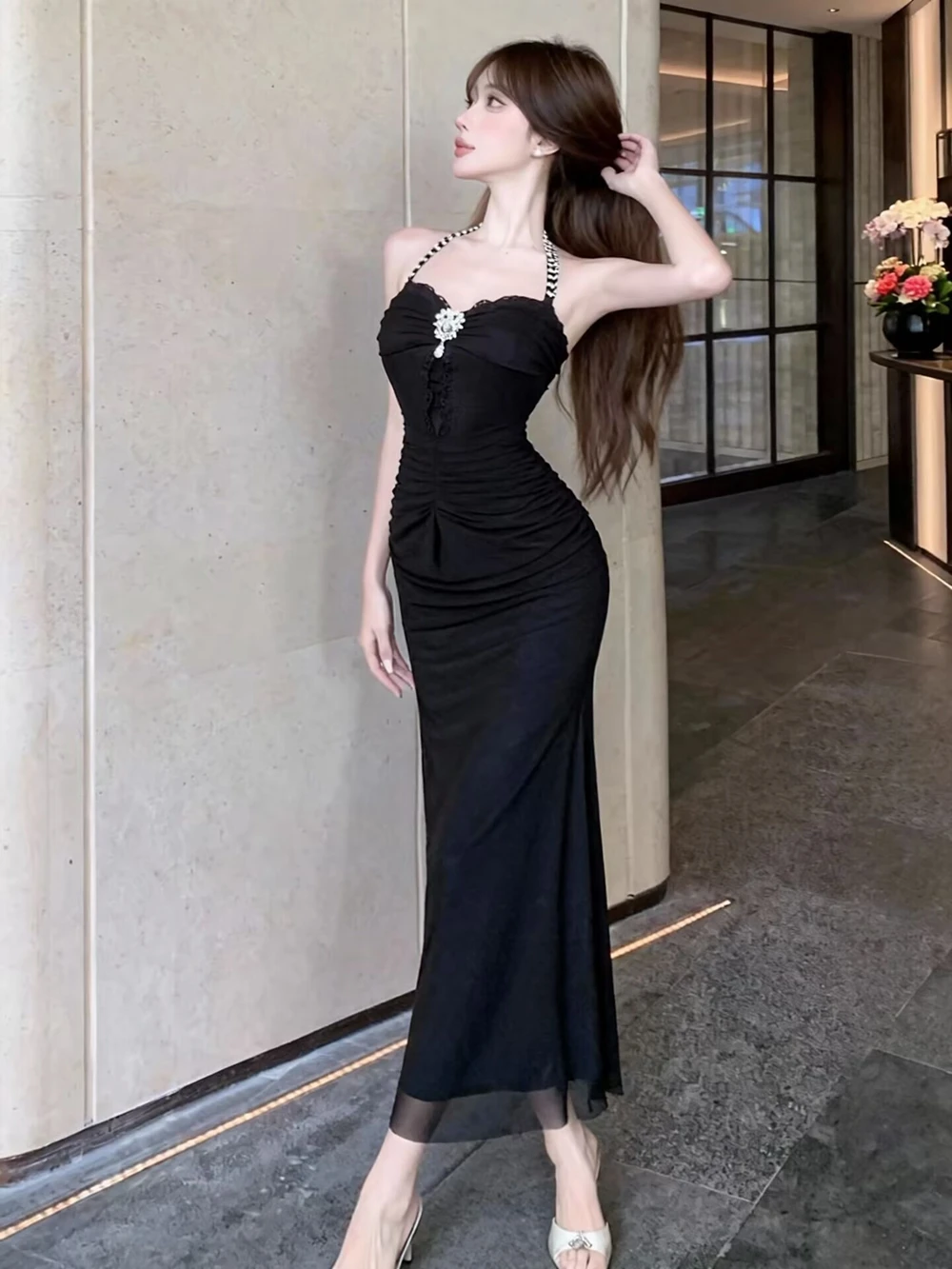Vestido de Noche Sexy con Cuello Alto y Decoración de Diamantes, Ajustado, sin Espalda, sin Tirantes, para Mujer, Elegante Fa...