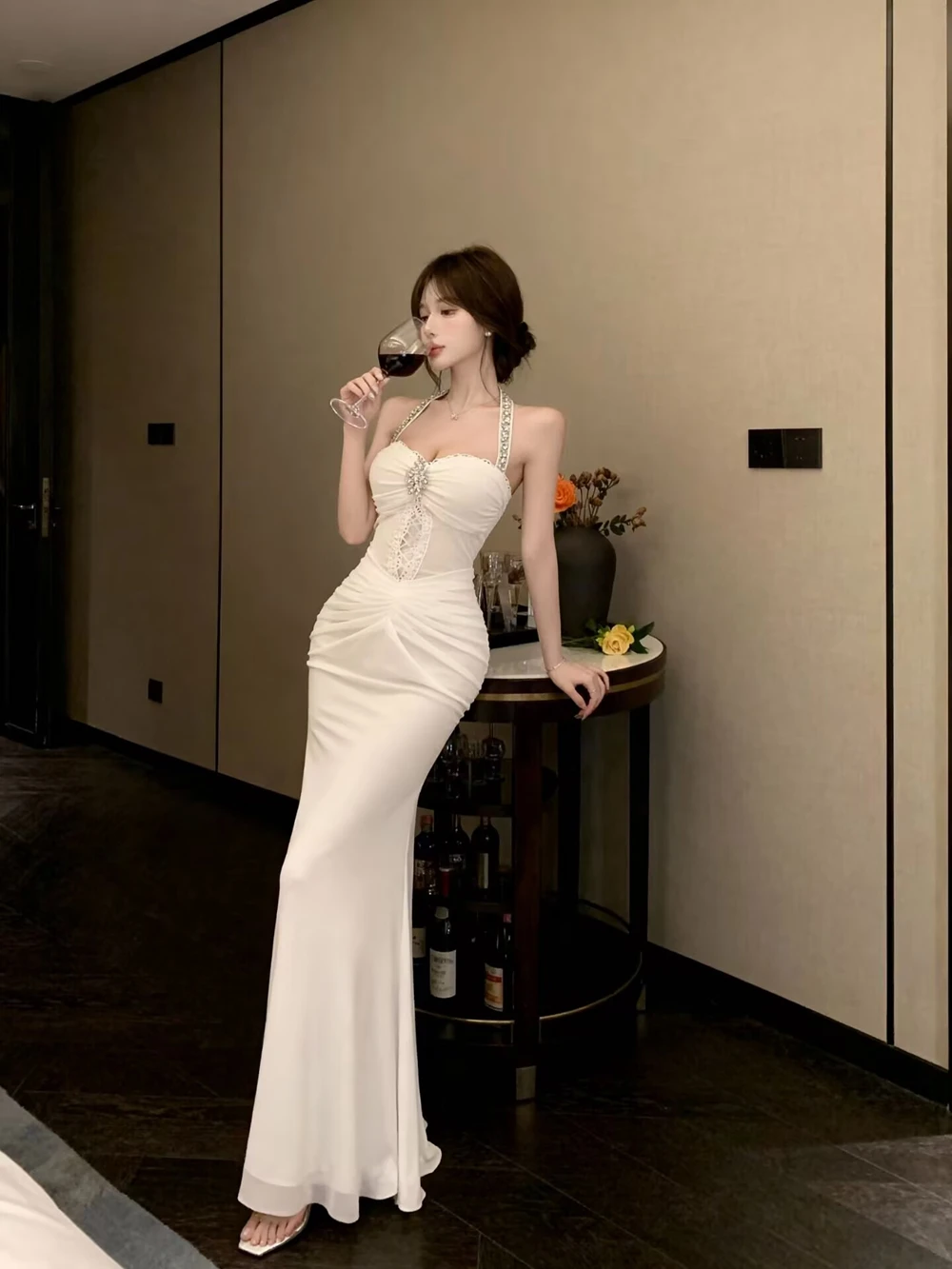 Vestido de Noche Sexy con Cuello Alto y Decoración de Diamantes, Ajustado, sin Espalda, sin Tirantes, para Mujer, Elegante Fa...