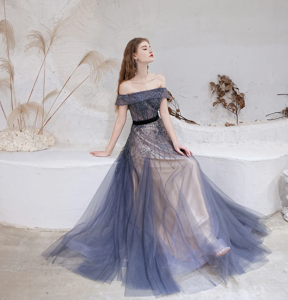 Vestidos de Noche azules oscuros personalizados de Dubái, vestido Formal Sexy con hombros descubiertos, recién llegados, vestido Formal con cuentas de lujo para mujer