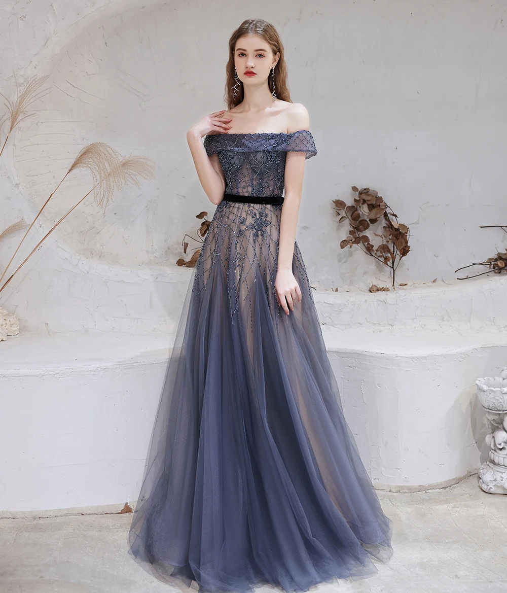 Vestidos de Noche azules oscuros personalizados de Dubái, vestido Formal Sexy con hombros descubiertos, recién llegados, vestido Formal con cuentas de lujo para mujer