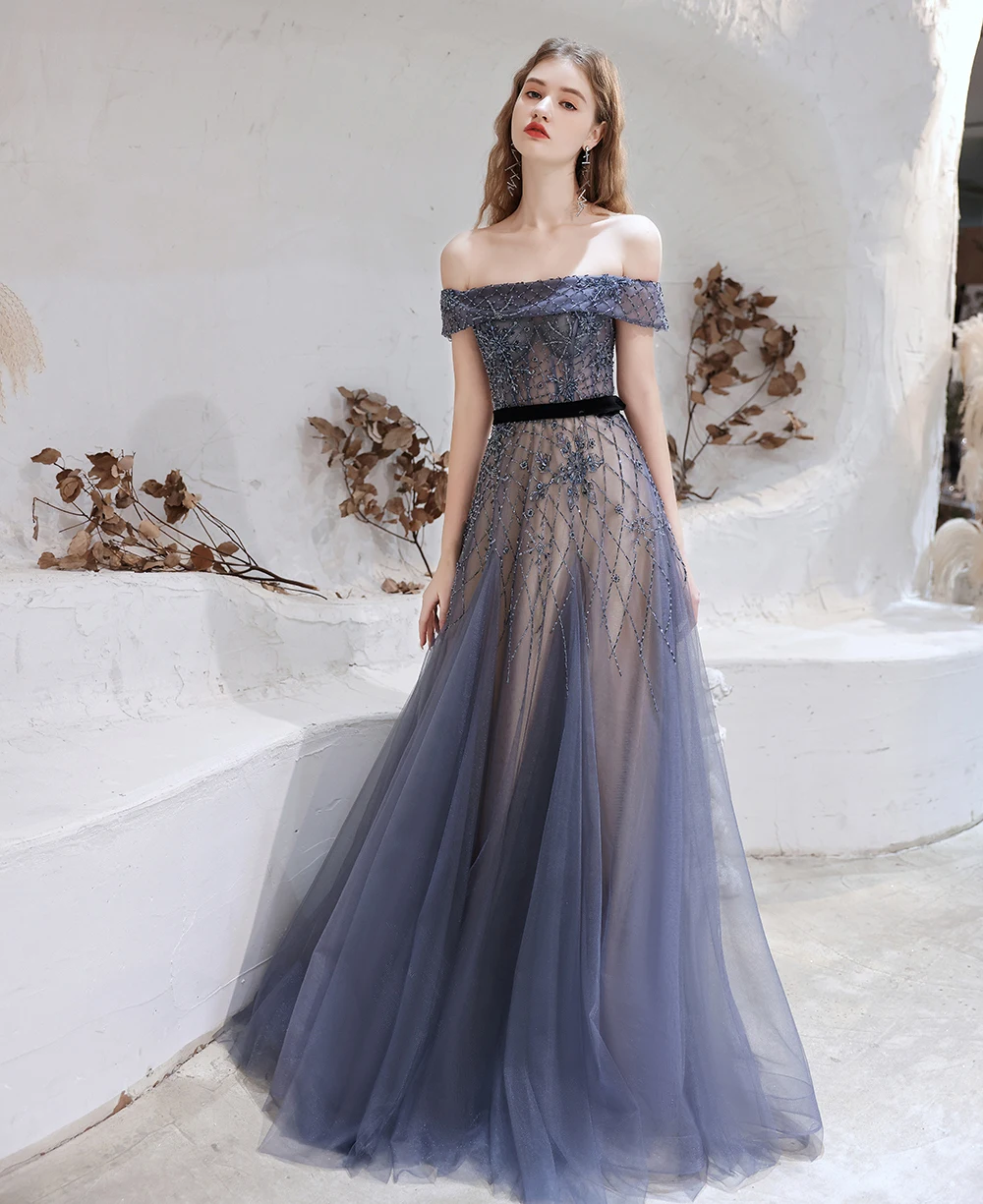 Vestidos de Noche azules oscuros personalizados de Dubái, vestido Formal Sexy con hombros descubiertos, recién llegados, vestido Formal con cuentas de lujo para mujer