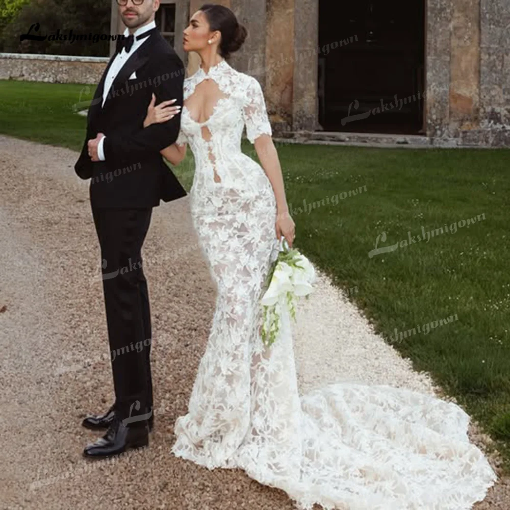 Vestido de novia de encaje con cuello alto y manga corta, corte sirena, abertura en la espalda, vestido de novia, vestido de novia, vestido de novia, personalizado. Vestido de novia de encaje con cuello alto y manga corta, corte sirena, abertura en la espalda, vestido de novia, vestido de novia, vestido de novia, personalizado.