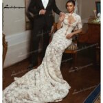 Vestido de novia de encaje con cuello alto y manga corta, corte sirena, abertura en la espalda, vestido de novia, vestido de novia, vestido de novia, personalizado.