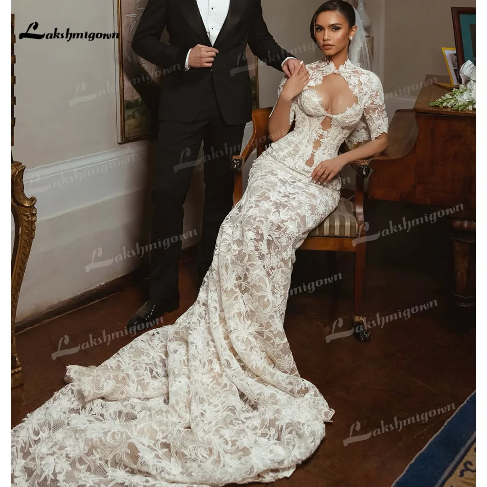 107153-3xzc2t.jpg Vestido de novia de encaje con cuello alto y manga corta, corte sirena, abertura en la espalda, vestido de novia, vestido de novia, vestido de novia, personalizado. - Imagen 1
