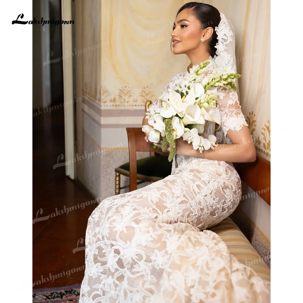 Vestido de novia de encaje con cuello alto y manga corta, corte sirena, abertura en la espalda, vestido de novia, vestido de novia, vestido de novia, personalizado. Vestido de novia de encaje con cuello alto y manga corta, corte sirena, abertura en la espalda, vestido de novia, vestido de novia, vestido de novia, personalizado.
