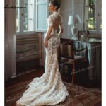 Vestido de novia de encaje con cuello alto y manga corta, corte sirena, abertura en la espalda, vestido de novia, vestido de novia, vestido de novia, personalizado. - Imagen 2