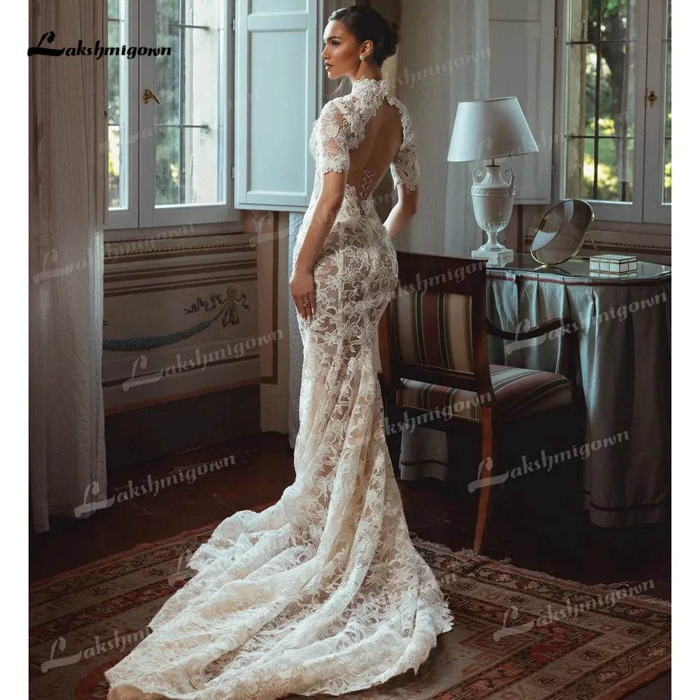 Vestido de novia de encaje con cuello alto y manga corta, corte sirena, abertura en la espalda, vestido de novia, vestido de novia, vestido de novia, personalizado. Vestido de novia de encaje con cuello alto y manga corta, corte sirena, abertura en la espalda, vestido de novia, vestido de novia, vestido de novia, personalizado.