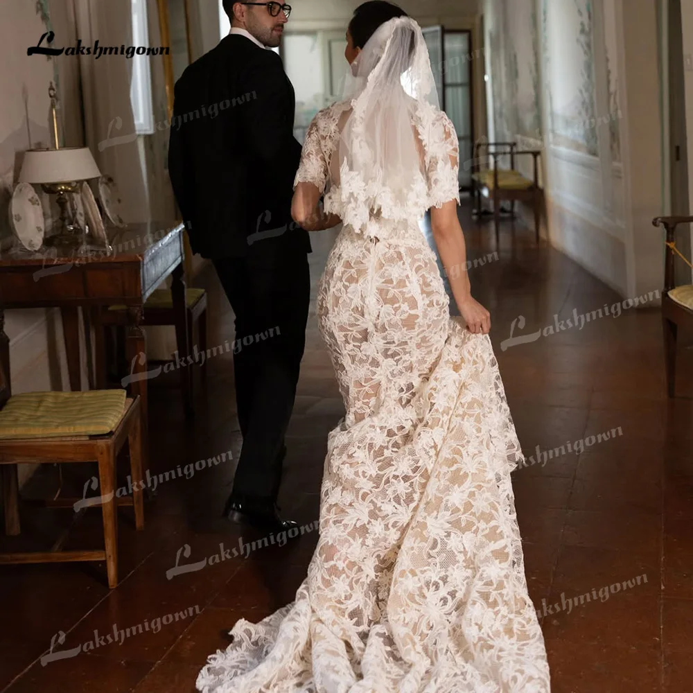 Vestido de novia de encaje con cuello alto y manga corta, corte sirena, abertura en la espalda, vestido de novia, vestido de novia, vestido de novia, personalizado. Vestido de novia de encaje con cuello alto y manga corta, corte sirena, abertura en la espalda, vestido de novia, vestido de novia, vestido de novia, personalizado.