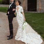 Vestido de novia de encaje con cuello alto y manga corta, corte sirena, abertura en la espalda, vestido de novia, vestido de novia, vestido de novia, personalizado. - Imagen 6