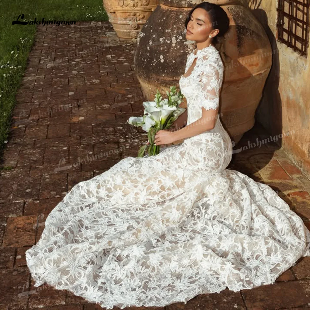Vestido de novia de encaje con cuello alto y manga corta, corte sirena, abertura en la espalda, vestido de novia, vestido de novia, vestido de novia, personalizado. Vestido de novia de encaje con cuello alto y manga corta, corte sirena, abertura en la espalda, vestido de novia, vestido de novia, vestido de novia, personalizado.