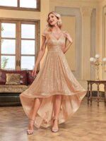 Elegante Vestido de Noche Largo Dorado para Mujer, Sin Mangas, con Lentejuelas, Escote en V, para Bodas, Fiestas y Cócteles - Imagen 2