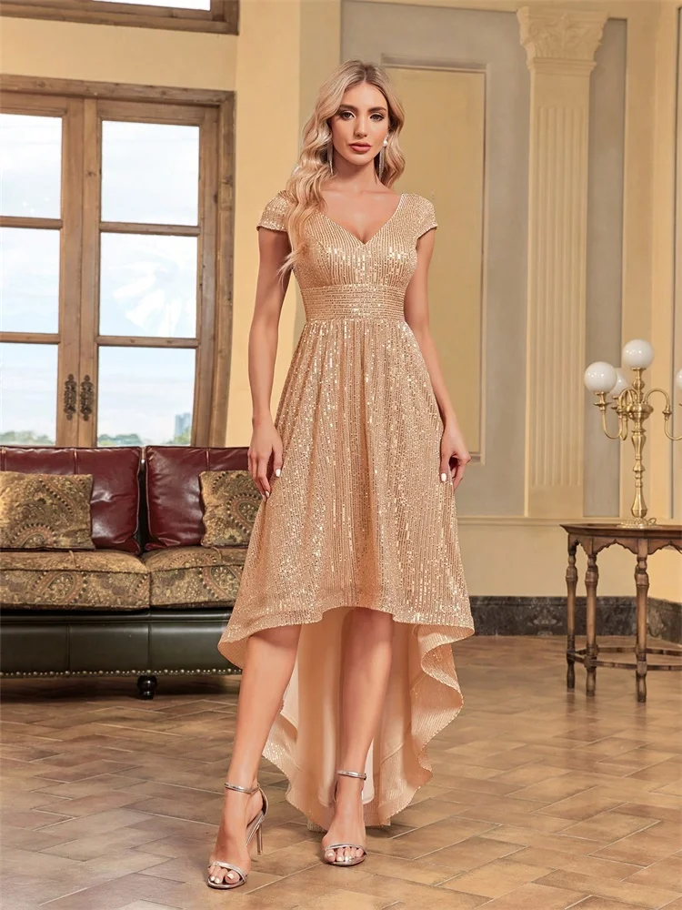Elegante Vestido de Noche Largo Dorado para Mujer, Sin Mangas, con Lentejuelas, Escote en V, para Bodas, Fiestas y Cócteles Elegante Vestido de Noche Largo Dorado para Mujer, Sin Mangas, con Lentejuelas, Escote en V, para Bodas, Fiestas y Cócteles