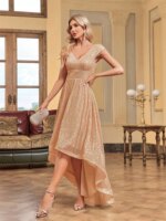 Elegante Vestido de Noche Largo Dorado para Mujer, Sin Mangas, con Lentejuelas, Escote en V, para Bodas, Fiestas y Cócteles - Imagen 5