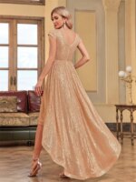 Elegante Vestido de Noche Largo Dorado para Mujer, Sin Mangas, con Lentejuelas, Escote en V, para Bodas, Fiestas y Cócteles - Imagen 3