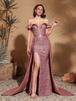 Vestido largo de satén con lentejuelas, hombros descubiertos y cuello plisado - Imagen 6