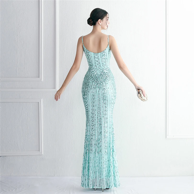 DEERVEADO, 10 colores, sirena, cuello en V, lentejuelas, vestidos de fiesta de noche para mujer, vestido de fiesta de boda con tirantes sexis, vestido para ocasiones especiales