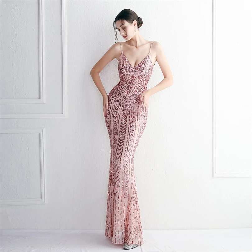 DEERVEADO, 10 colores, sirena, cuello en V, lentejuelas, vestidos de fiesta de noche para mujer, vestido de fiesta de boda con tirantes sexis, vestido para ocasiones especiales