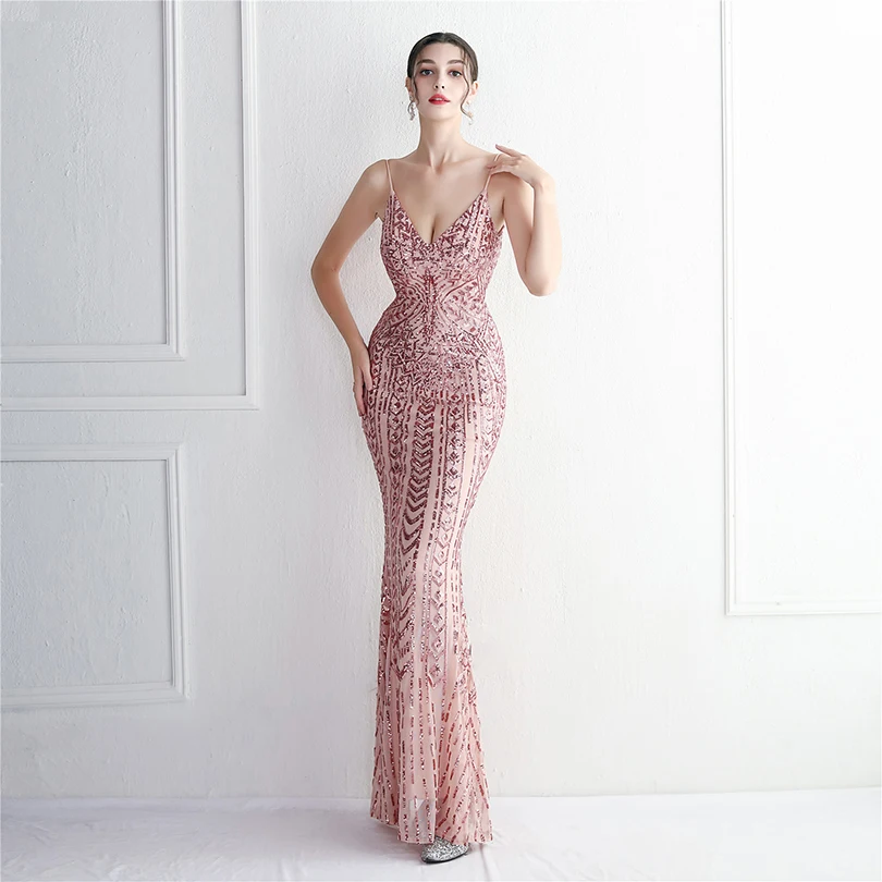 DEERVEADO, 10 colores, sirena, cuello en V, lentejuelas, vestidos de fiesta de noche para mujer, vestido de fiesta de boda con tirantes sexis, vestido para ocasiones especiales