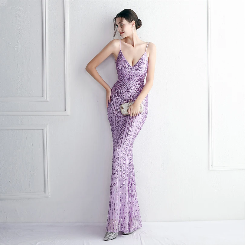 DEERVEADO, 10 colores, sirena, cuello en V, lentejuelas, vestidos de fiesta de noche para mujer, vestido de fiesta de boda con tirantes sexis, vestido para ocasiones especiales