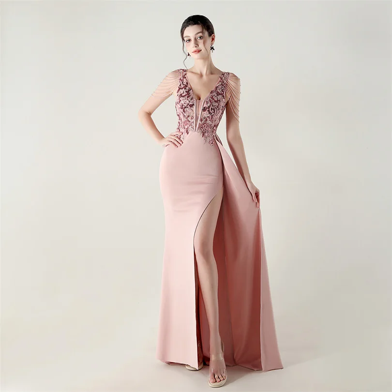 DEERVEADO, vestido de noche elegante de sirena con escote en V profundo y cuentas, 7 colores, vestido Formal para ocasiones especiales, vestidos de fiesta