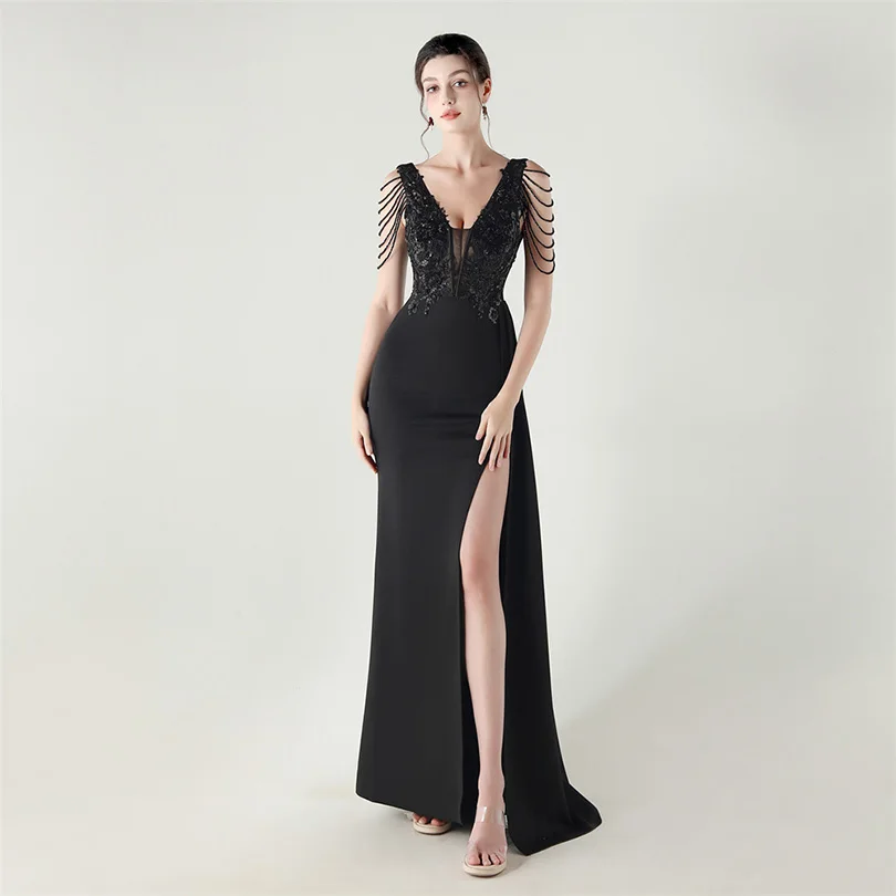 DEERVEADO, vestido de noche elegante de sirena con escote en V profundo y cuentas, 7 colores, vestido Formal para ocasiones especiales, vestidos de fiesta